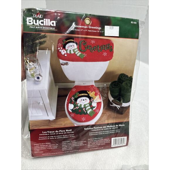 Vtg Bucilla Christmas Felt Bath Ensemble Kit DIY Snowman Seat & Tank Cover 85184 - Picture 1 of 7